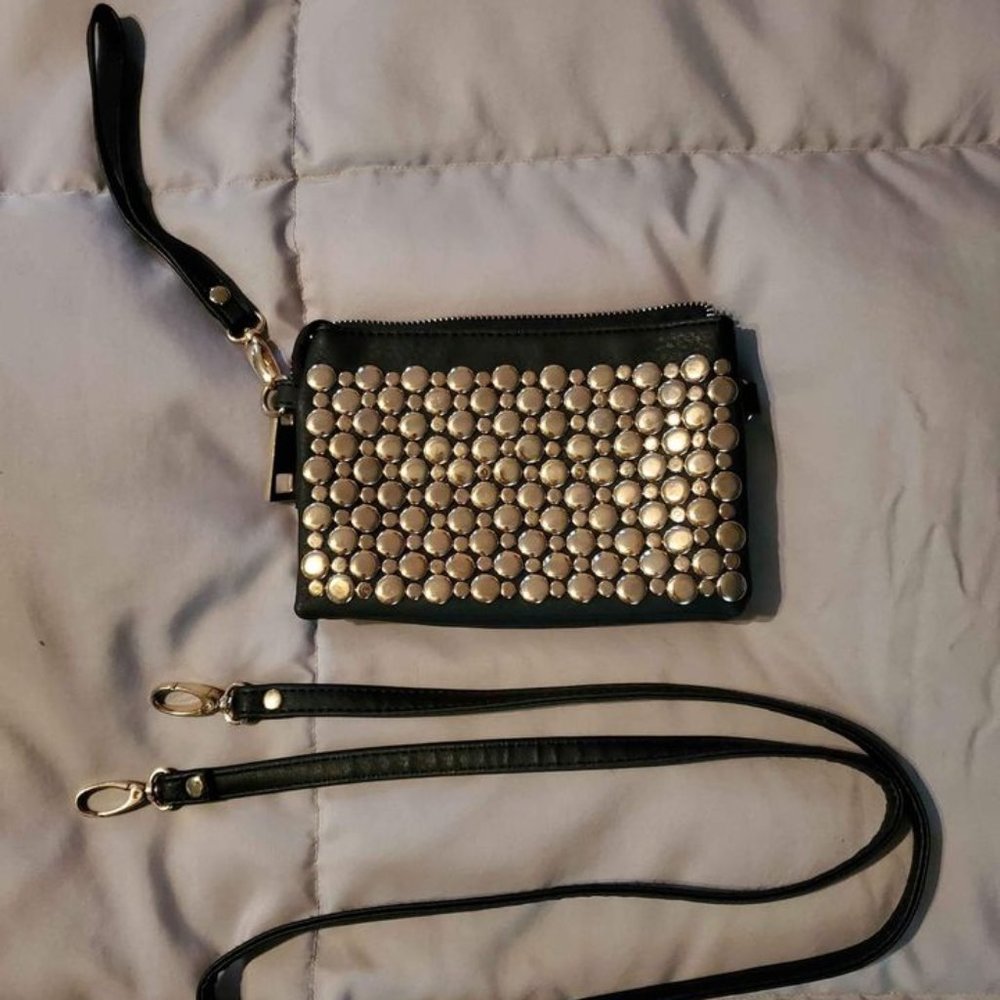 Black And Gold Studded Clutch Purse With Shoulder Strap And Wristlet Strap